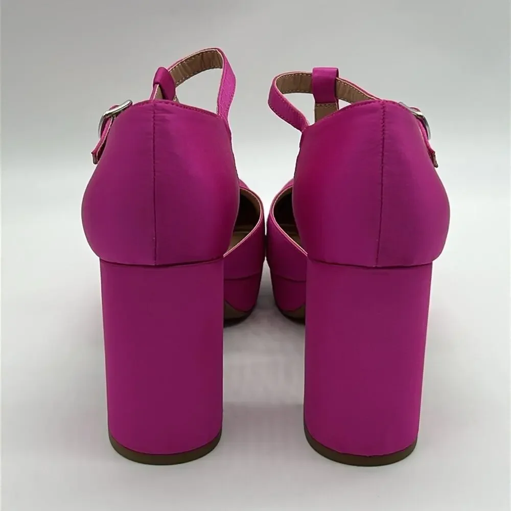 POP Westerly Hot Pink T-Strap Platform Chunky Heels Size 7.5 New With Box